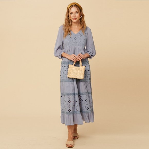 Listicle Misty Blue Maxi Dress NWT • Rayon Long Sleeve Boho Textured Embroidered - Picture 6 of 13